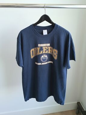 VTG Y2K Edmonton Oilers T Shirt Bulletin Made In Canada Blue Large NHL Hockey 